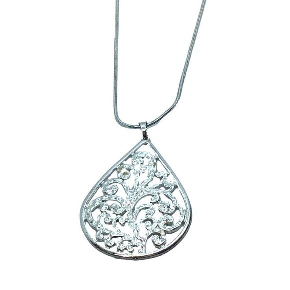 Filagree Pendant Teardrop Shape Silver Tone Necklace Adjustable Length Signed JL - Picture 2 of 3